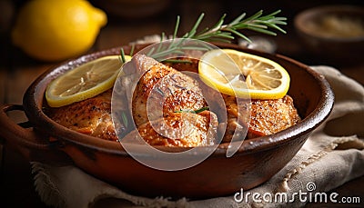 Grilled chicken leg, fresh lemon slice, rustic homemade gourmet meal generated by AI Stock Photo