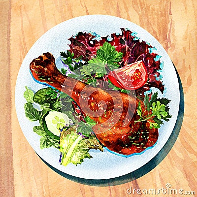 Grilled chicken leg and vegetables on white plate Stock Photo