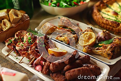 Grilled chicken meat and sausages, pie and salad for dinner Stock Photo