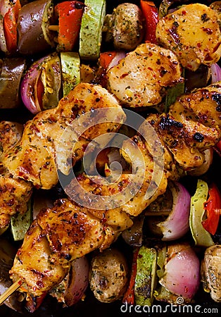 Grilled chicken meat on skewer Stock Photo