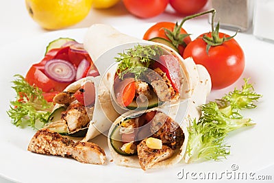 Grilled chicken and salad in tortilla wrap Stock Photo