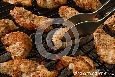 Grilled Chicken Tenders on a Charcoal Grill Stock Photo