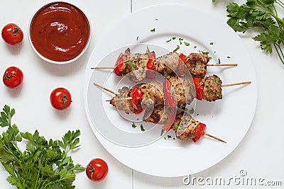 Grilled chiken kebab skewer barbecue meat with Stock Photo