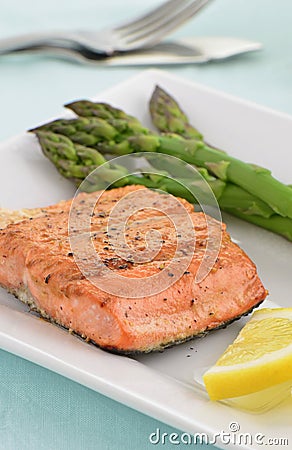 Grilled Coho Salmon filet with asparagus Stock Photo