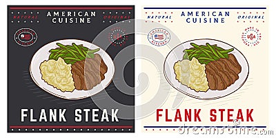 grilled cooked flank steak with mashed potato and green beans Vector Illustration
