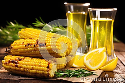 grilled corn cobs with lemon splashes beside Stock Photo