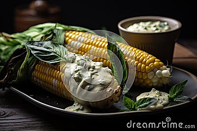 grilled corn, paired with creamy and tangy homemade basil mayo Stock Photo