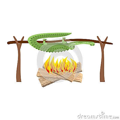 Grilled Crocodile meat on spit. Roasting alligator. BBQ croc Vector Illustration