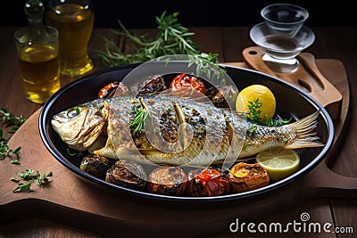 Grilled Dorade Royale fish served with fresh and baked vegetables Stock Photo