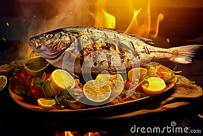 Grilled Dorado fish, sea bream with the addition of spices, herbs and lemon on the grill plate. Fried fish with vegetables Stock Photo