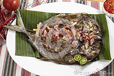 Grilled fish, with chunks of chili, tomatoes, onions, salt, flavorings, lime Stock Photo