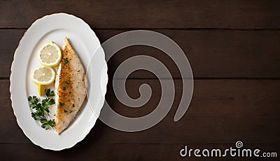 Grilled Fish Fillet With Lemon on a White Plate, Copy Space Stock Photo