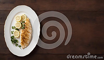 Grilled Fish Fillet With Lemon on a White Plate, Copy Space Stock Photo