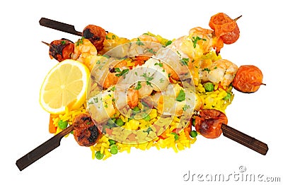 Grilled Fish Kebabs With Rice Stock Photo