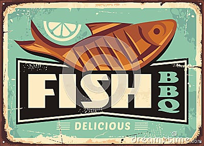 Grilled fish and lemon slice vintage vector sign Vector Illustration
