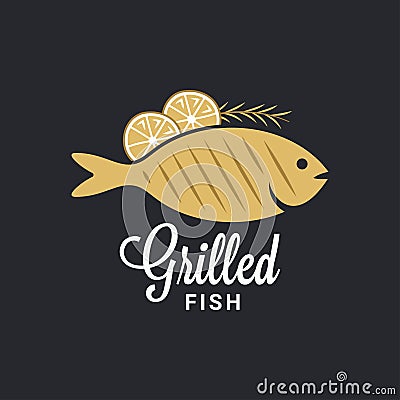 Grilled fish logo. Fish with lemon and rosemary Stock Photo