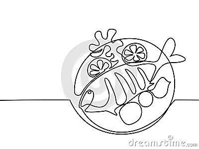 Grilled fish on plate with lemon and potato. Vector Illustration