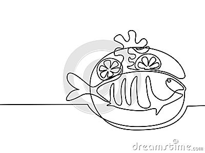 Grilled fish on plate with lemon and potato. Vector Illustration