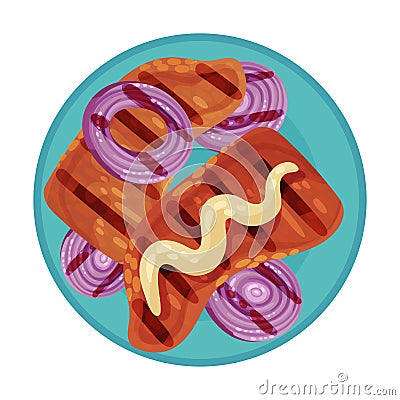 Grilled Food with Tenderloin or Fillet Rested on Plate with Sliced Onion Vector Illustration Vector Illustration