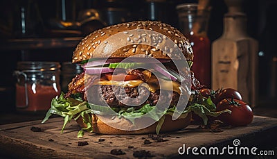 Grilled gourmet beef burger on sesame bun generated by AI Stock Photo