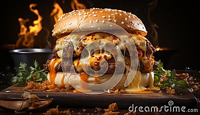 Grilled gourmet burger on dark bun, melting cheddar, ready to eat generated by AI Stock Photo