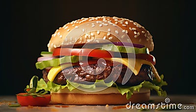 Grilled gourmet cheeseburger with fresh tomato on sesame bun, takeout meal generated by AI Stock Photo