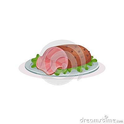 Grilled ham on a plate, traditional Christmas food vector Illustration on a white background Vector Illustration