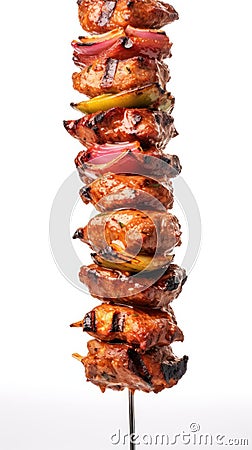 grilled Kebab on skewers with peppers and onions on a white background, created by Generative AI Stock Photo