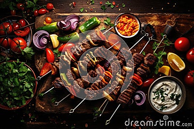 Grilled kebab with vegetables on skewers on wooden background, Middle eastern, arabic or mediterranean dinner table with grilled Stock Photo