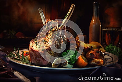 Grilled lamb chops with baked potatoes and vegetables on a dark background, Generative AI Stock Photo