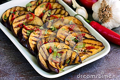 Grilled Marinated Eggplant slices Stock Photo