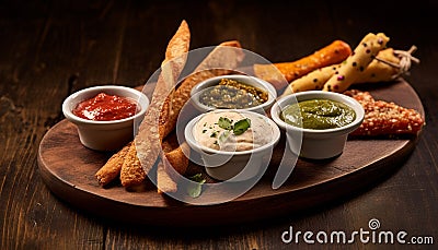 Grilled meat with guacamole, dip in savory sauce, served on wood generated by AI Stock Photo