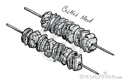 Grilled meat kebab on skewers stick vector illustration. Barbecue food sketch Vector Illustration