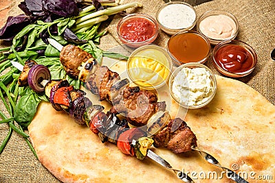 Grilled meat with sauce assortment Stock Photo