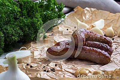 Grilled meat - sausages and vegetables Stock Photo