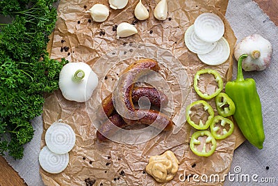Grilled meat - sausages and vegetables Stock Photo