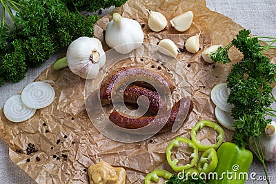 Grilled meat - sausages and vegetables Stock Photo