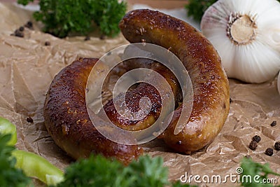 Grilled meat - sausages and vegetables Stock Photo