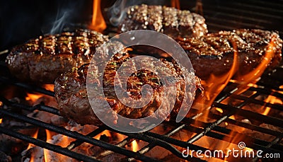 Grilled meat sizzles on hot barbecue flames generated by AI Stock Photo
