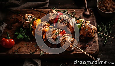 Grilled meat skewer, barbecue, tomato, gourmet, beef, meal, wood generated by AI Stock Photo