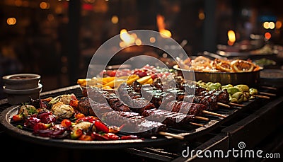 Grilled meat on skewer, a delicious barbecue feast outdoors generated by AI Stock Photo
