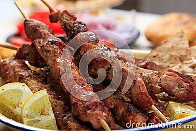 Grilled meat skewers in a dish Stock Photo