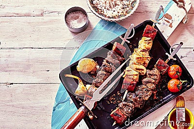 Grilled Meat Skewers with Fresh Ingredients Stock Photo