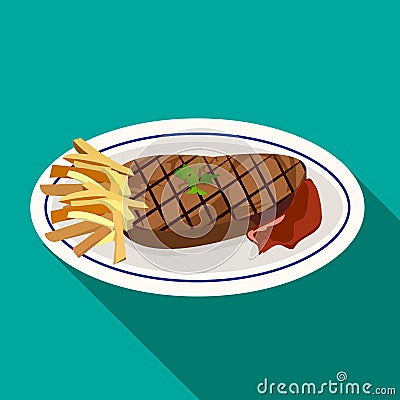 Grilled meat steak with french fries on dish Vector Illustration