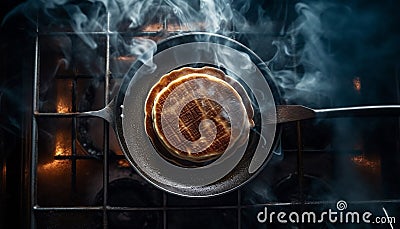 Grilled meat and sweet dessert on glowing steel barbecue equipment generated by AI Stock Photo