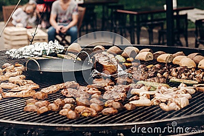 Grilled meat and vegetables mushrooms. roasting beef pork on big Stock Photo