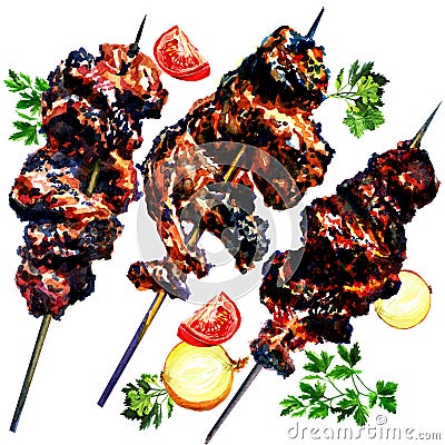 Grilled meat and vegetables, watercolor Stock Photo