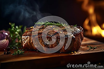 Grilled meat on wooden plate with smoke. Tenderloin fillet beef meat Steak. Restaurant menu, cookbook recipe top view Stock Photo