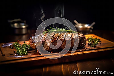 Grilled meat on wooden plate with smoke. Tenderloin fillet beef meat Steak. Restaurant menu, cookbook recipe top view Stock Photo