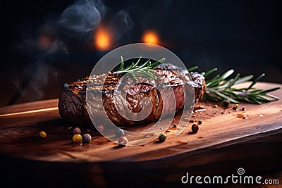 Grilled meat on wooden plate with smoke. Tenderloin fillet beef meat Steak. Restaurant menu, cookbook recipe top view Stock Photo